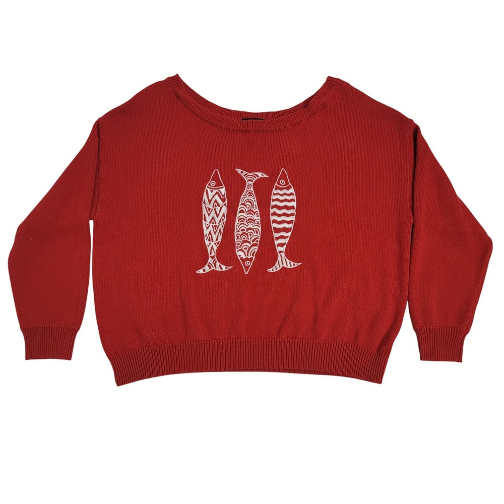 Arden B Medium Knit Sweater Womens Red Graphic Fish Crew Neck Long Sleeve 81751J